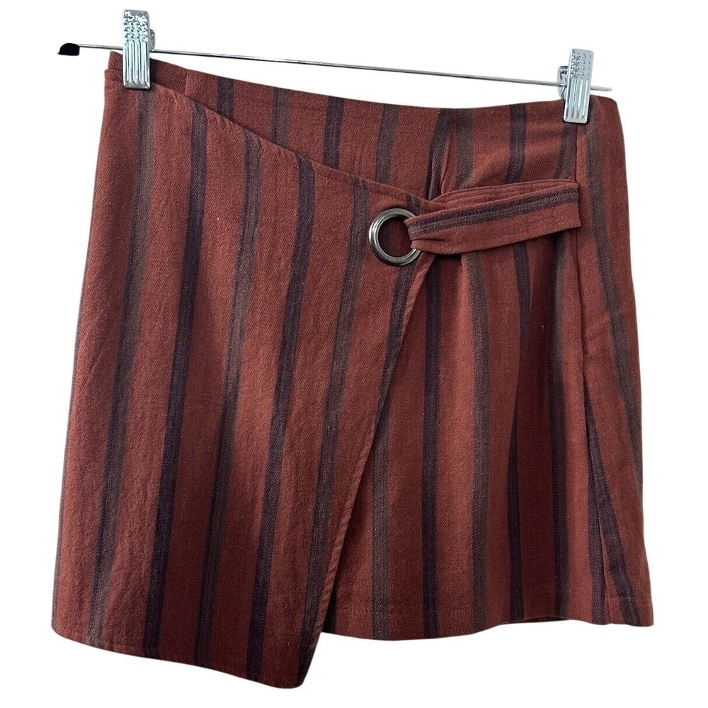 She + Sky Striped Wrap Mini Skirt S Rust Orange Grommet Boho Dark Academia